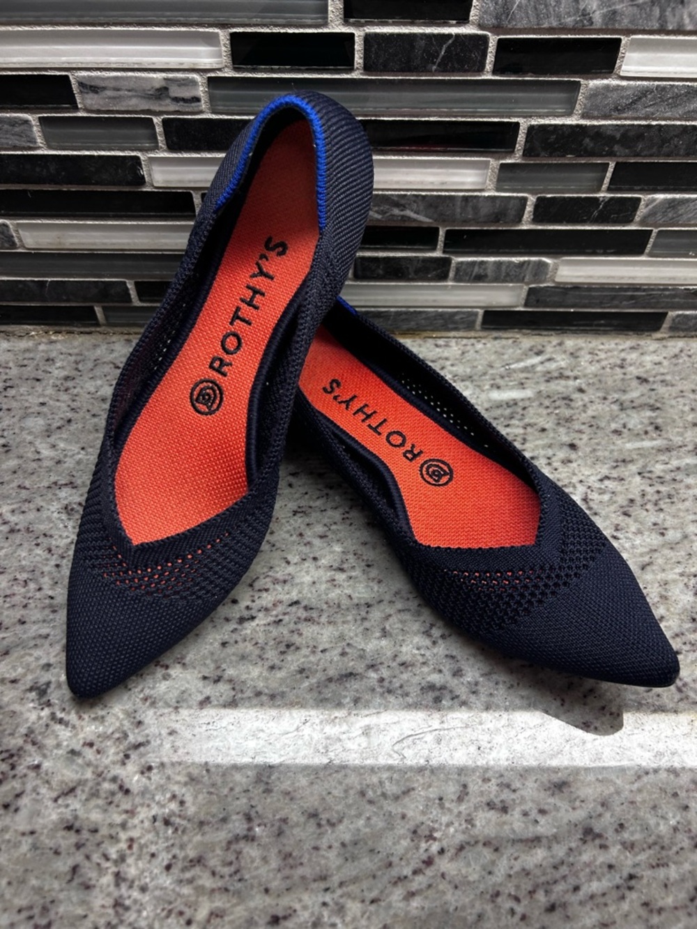 Rothy's Women's Pointed Knit Flat in Navy with Orange Insole size 7